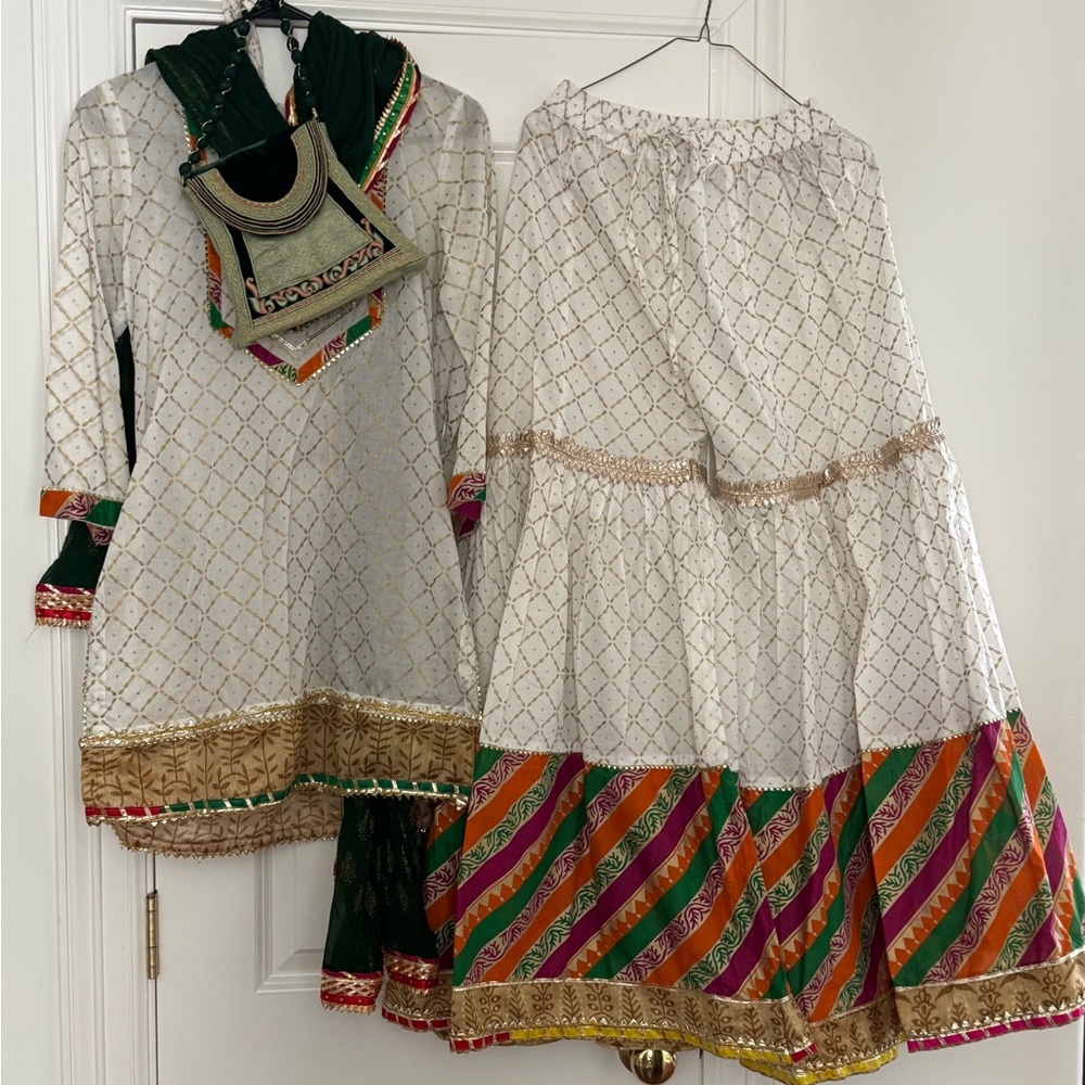 Girls White & Gold Embellished Traditional Dress with Multicolor Hem